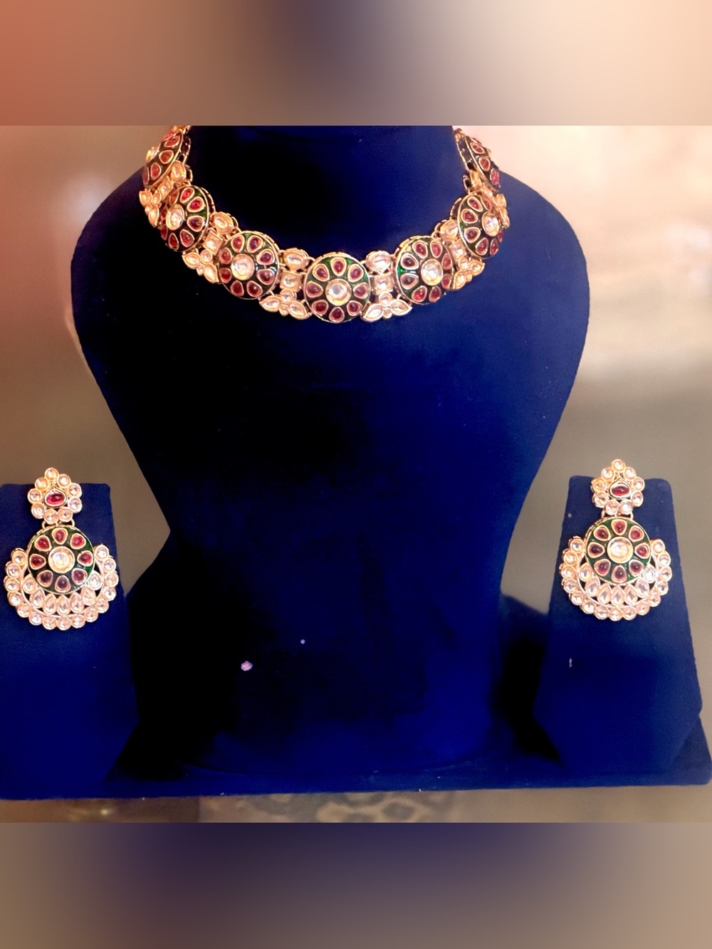 Gold Plated Traditional Necklace Set with Red and Green Accents